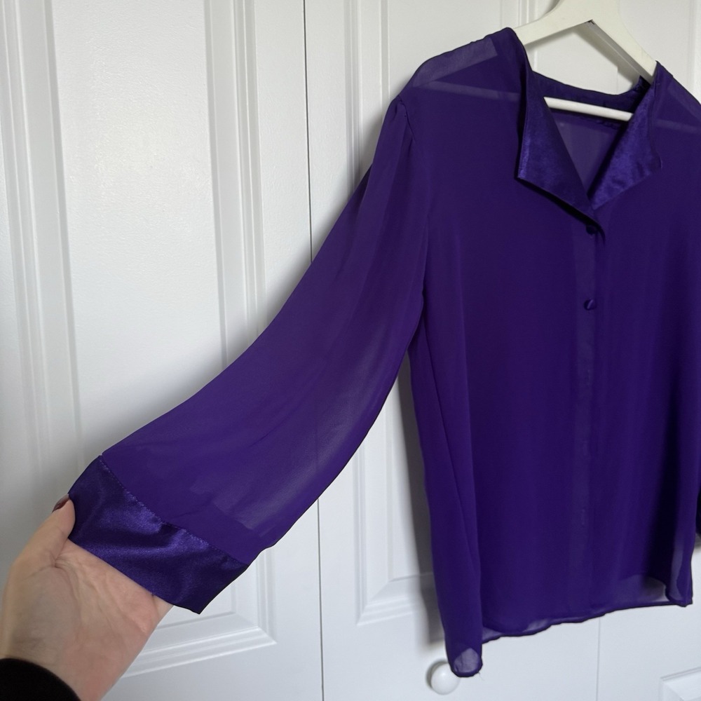 Purple Satin PJ Set Sheer Button Down Top - Picture 3 of 11